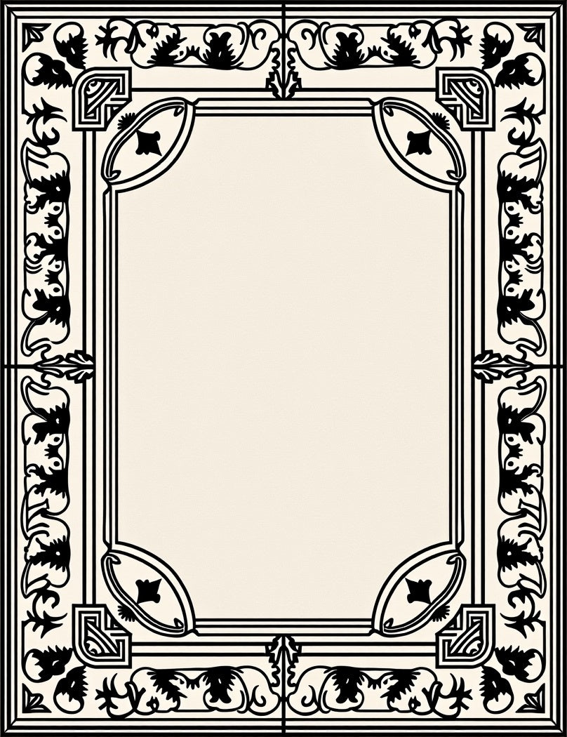 Ornate Black Floral Border Design Rug