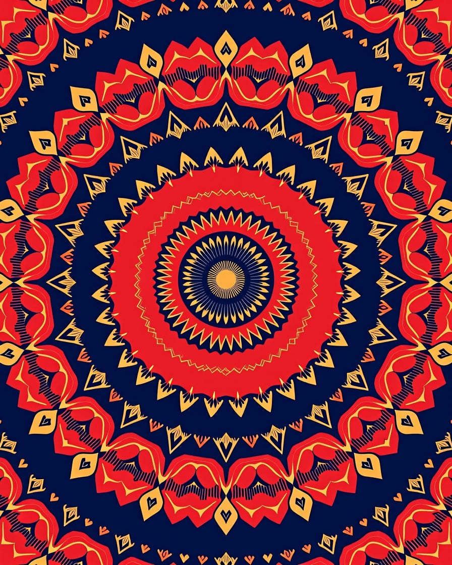 Vibrant Red Yellow Floral Mandala Design Rug