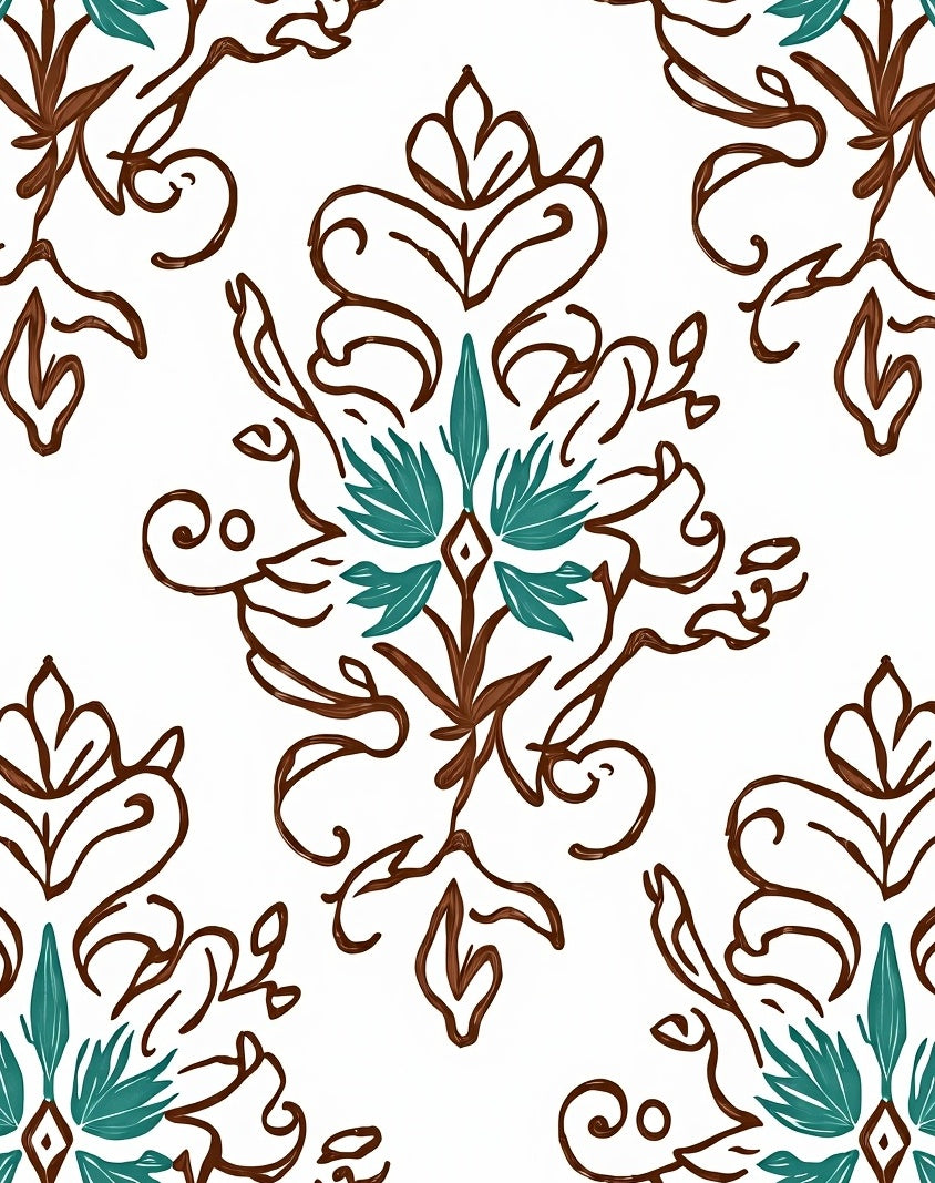 Brown Teal Floral Damask Pattern Rug