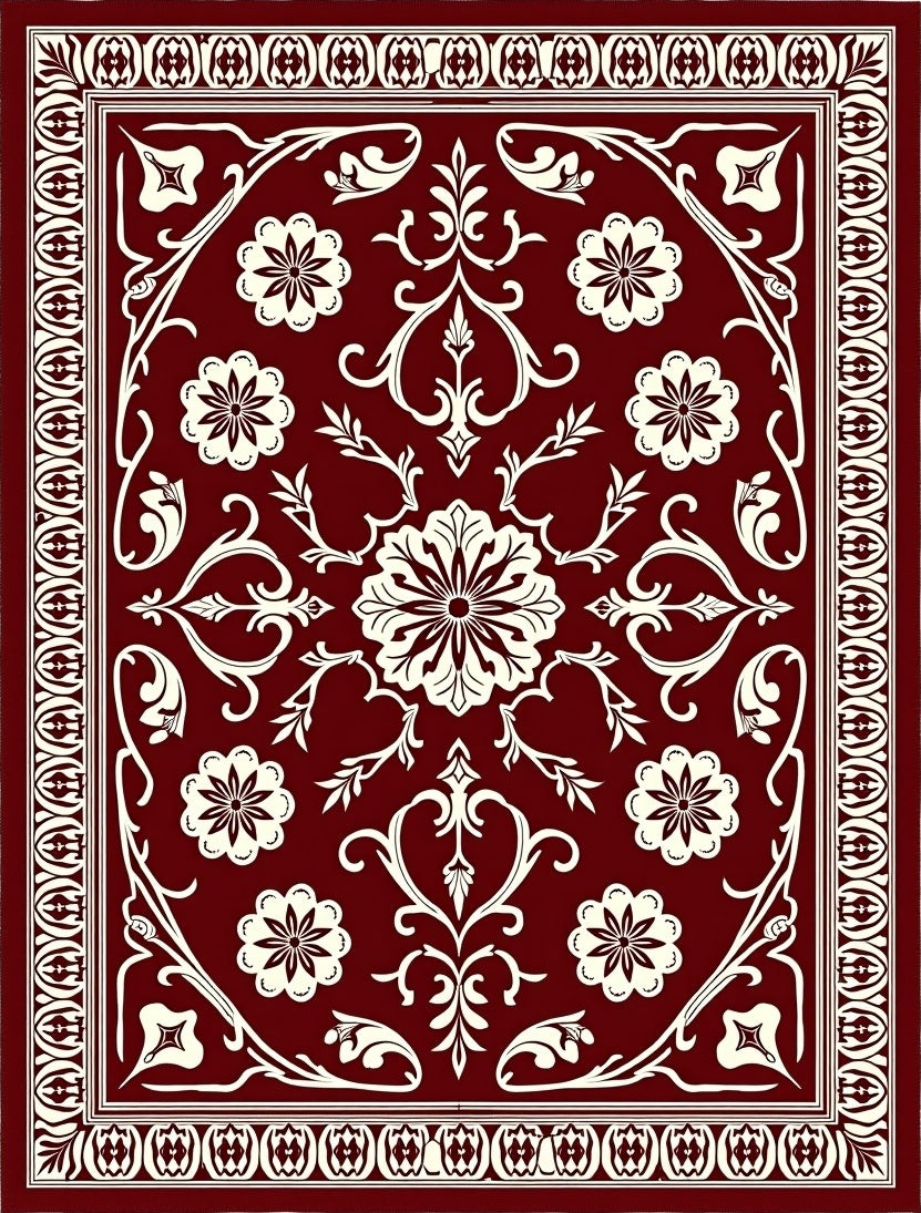 Crimson Floral Scroll Pattern Rug