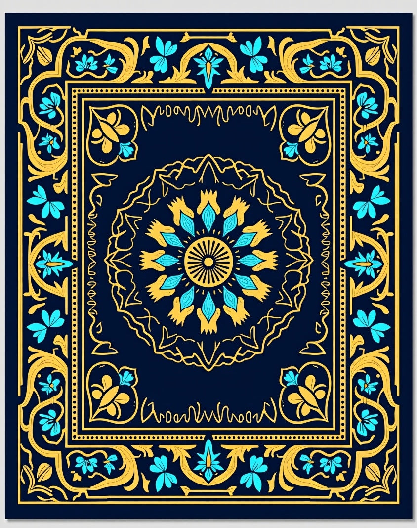 Intricate Blue Yellow Floral Mandala Pattern Rug