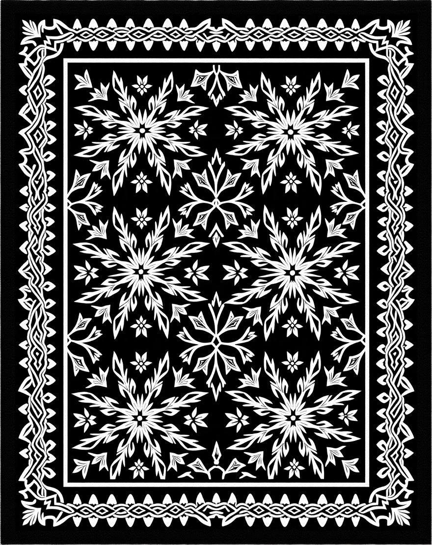 Bold Black White Floral Frame Rug