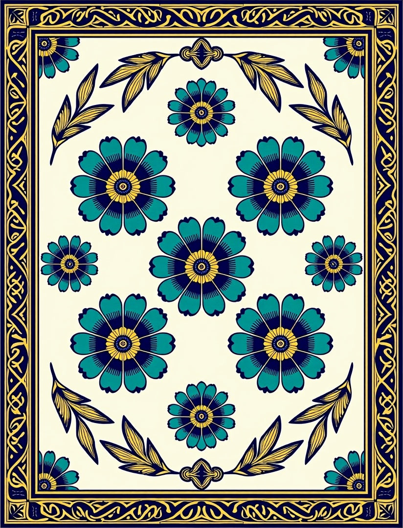 Floral Patterned Navy Teal Yellow Rug