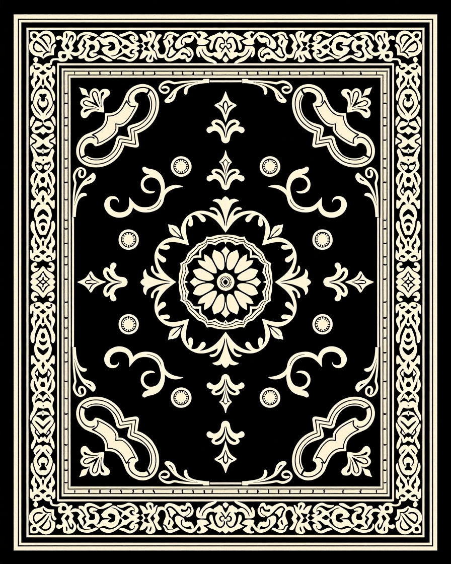 Elegant Black Cream Scroll Rug
