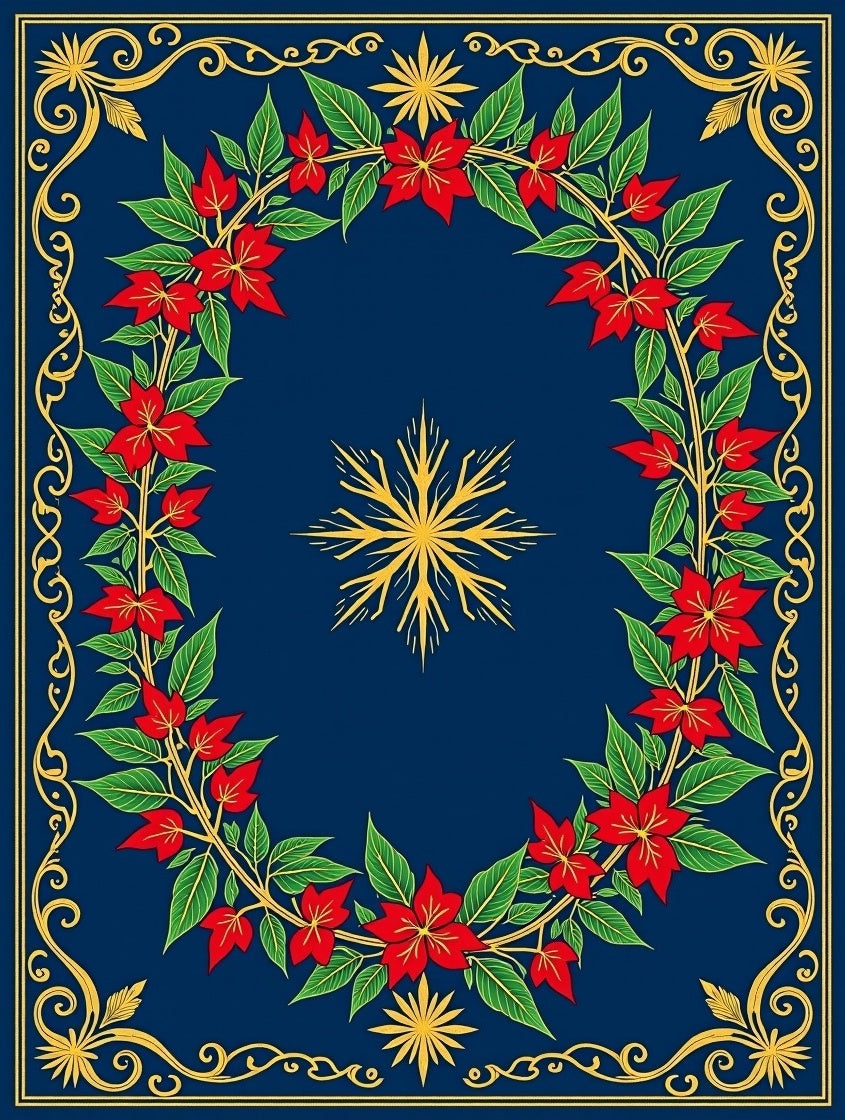 Ornate Floral Border Dark Blue Rug