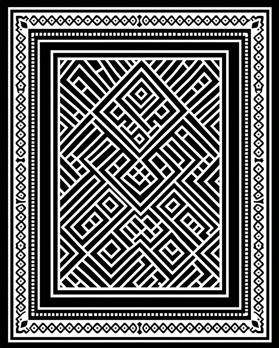 Black White Geometric Maze Inlay Rug