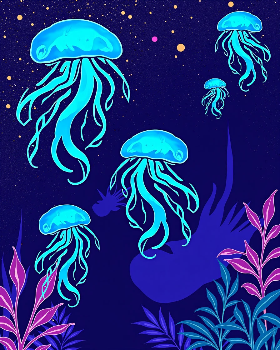 Vibrant Jellyfish and Dark Flora Pattern Rug