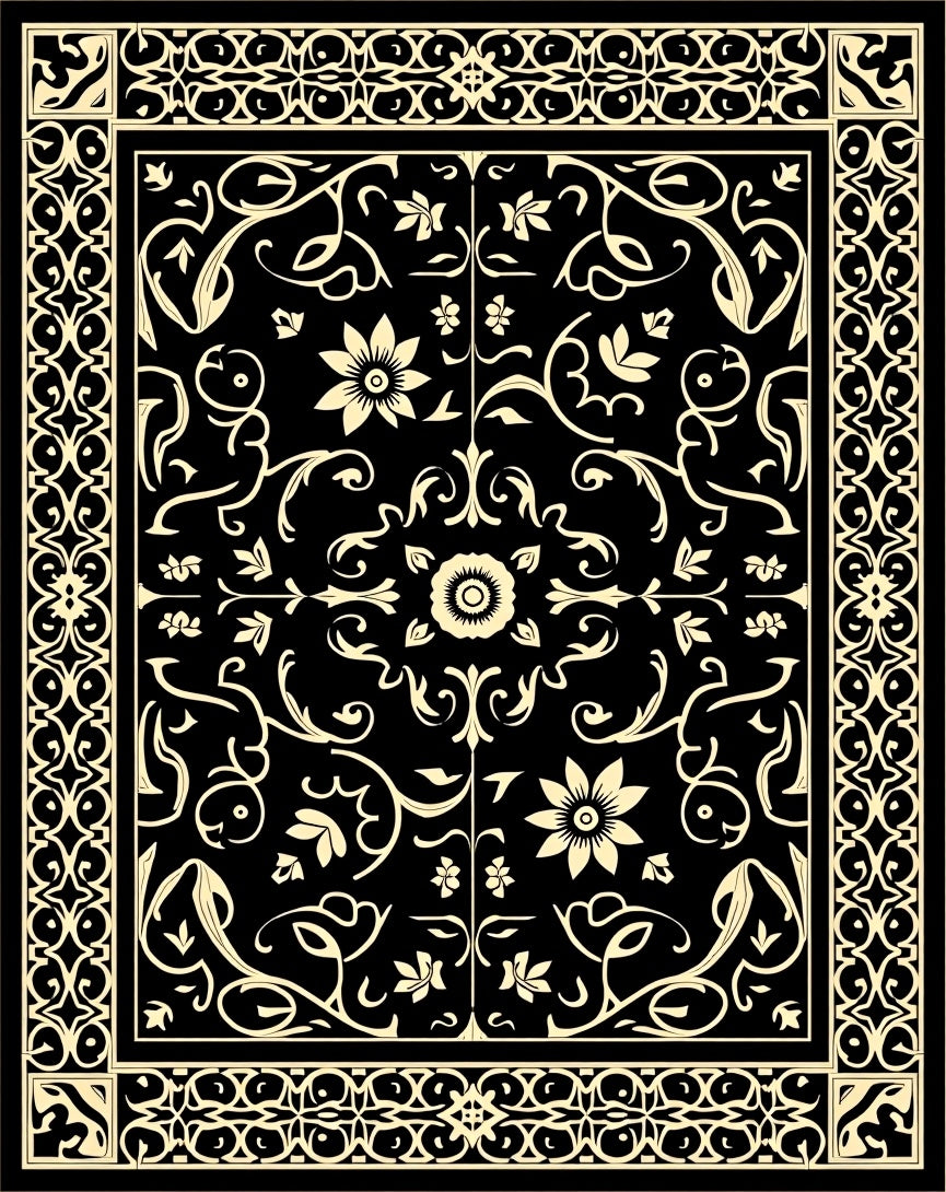 Black Cream Floral Scrollwork Rug