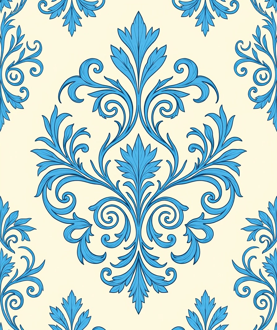 Blue Floral Damask Scroll Pattern Rug