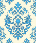 Blue Floral Damask Scroll Pattern Rug
