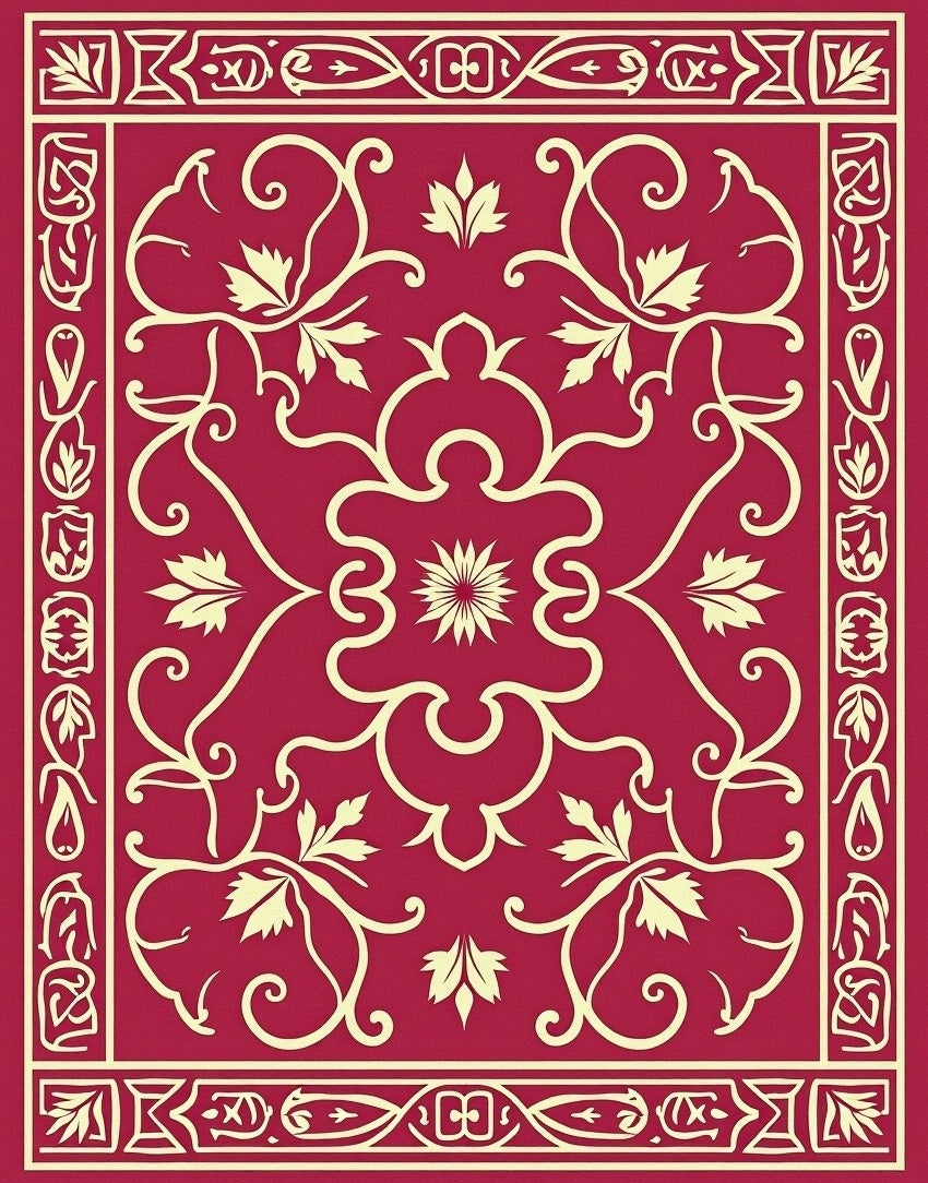 Elegant Red Cream Floral Scrollwork Design Rug