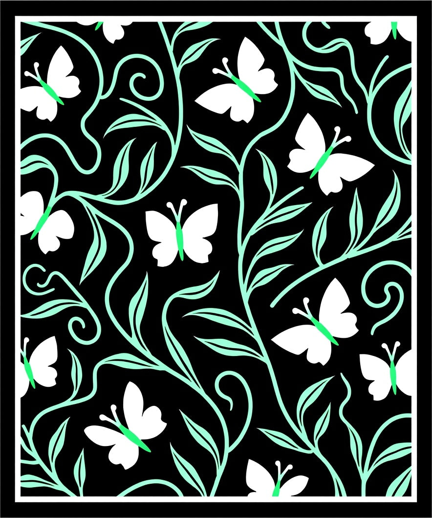 Black White Mint Butterfly Floral Pattern Rug