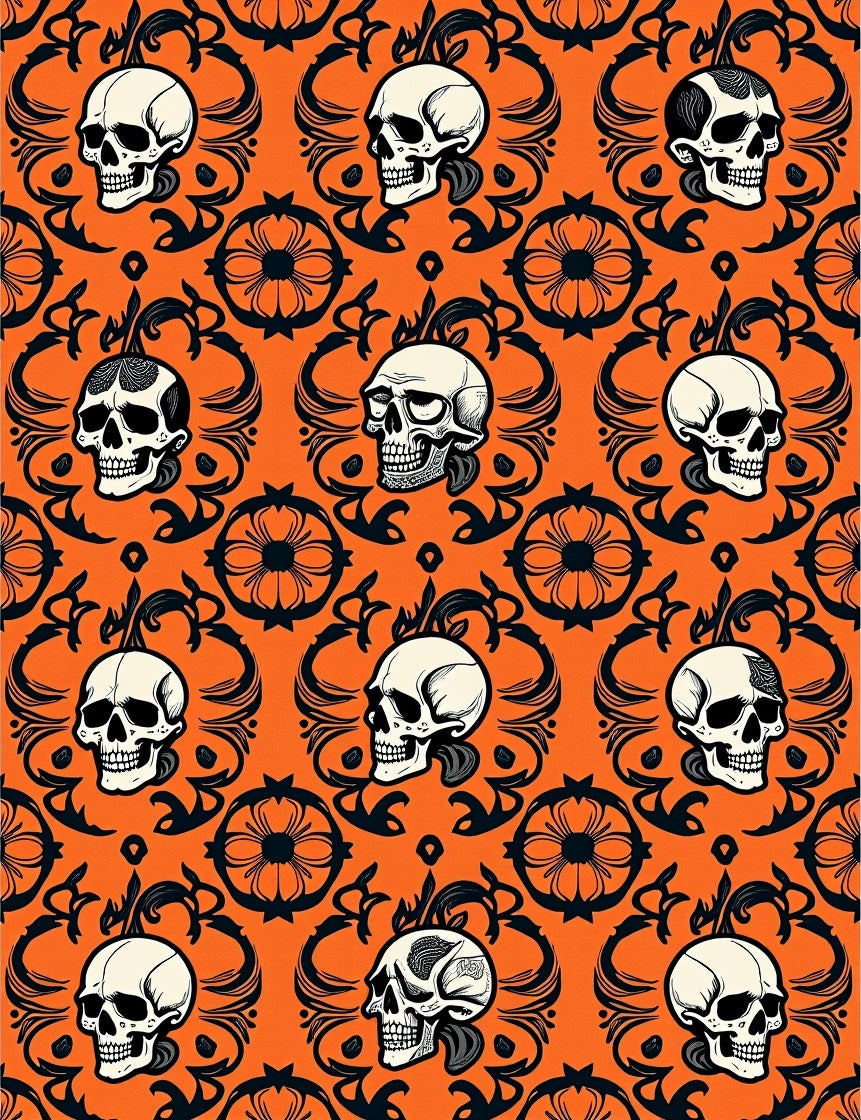 Orange Black Skulls Patterned Gothic Rug