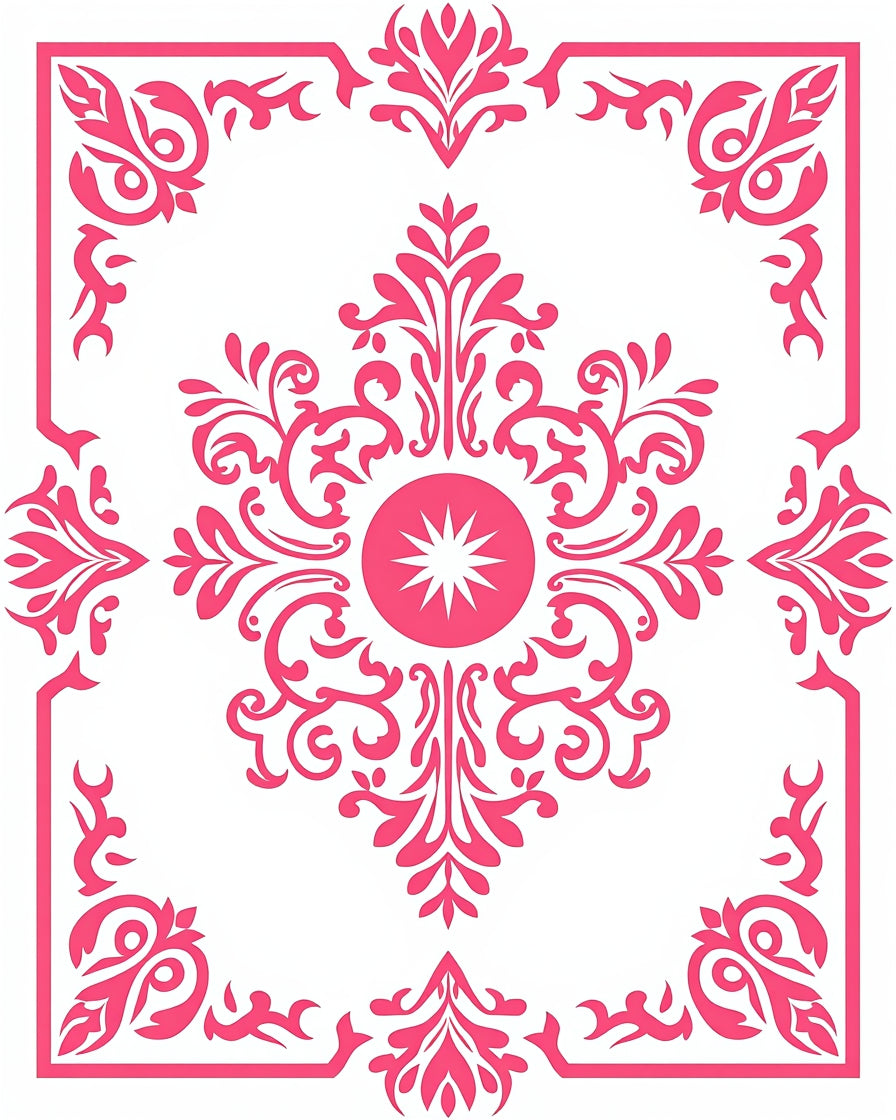 Ornate Scrollwork Pink Floral Design Rug