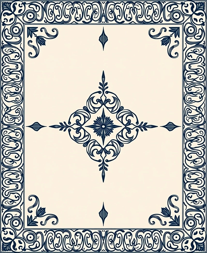 Ornate Dark Blue Floral Scroll Medallion Rug
