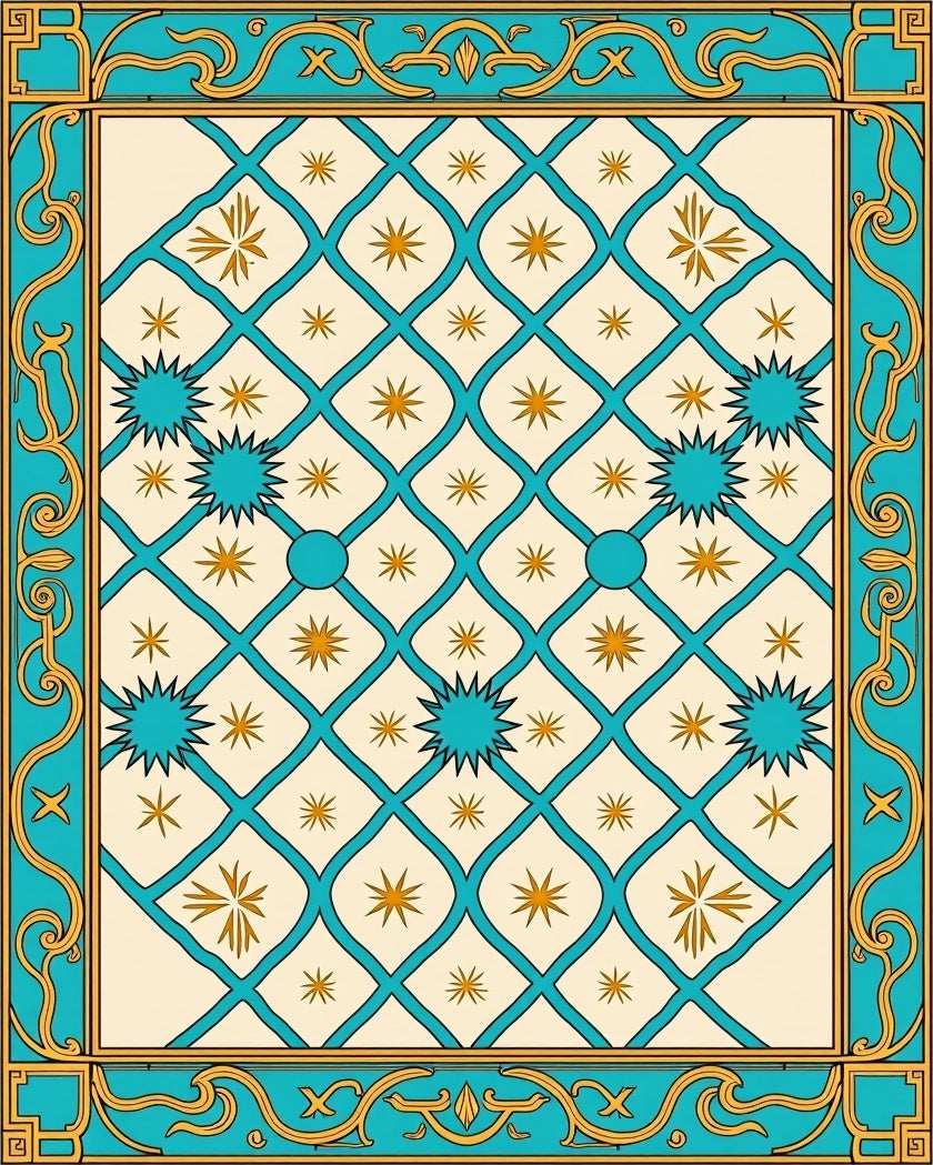 Turquoise Gold Geometric Starburst Design Rug