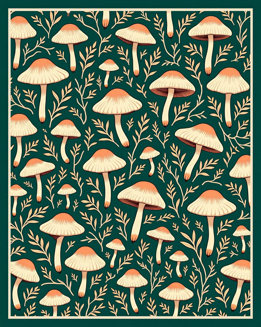 Mushroom Leaf Patterned Folk Art Rug