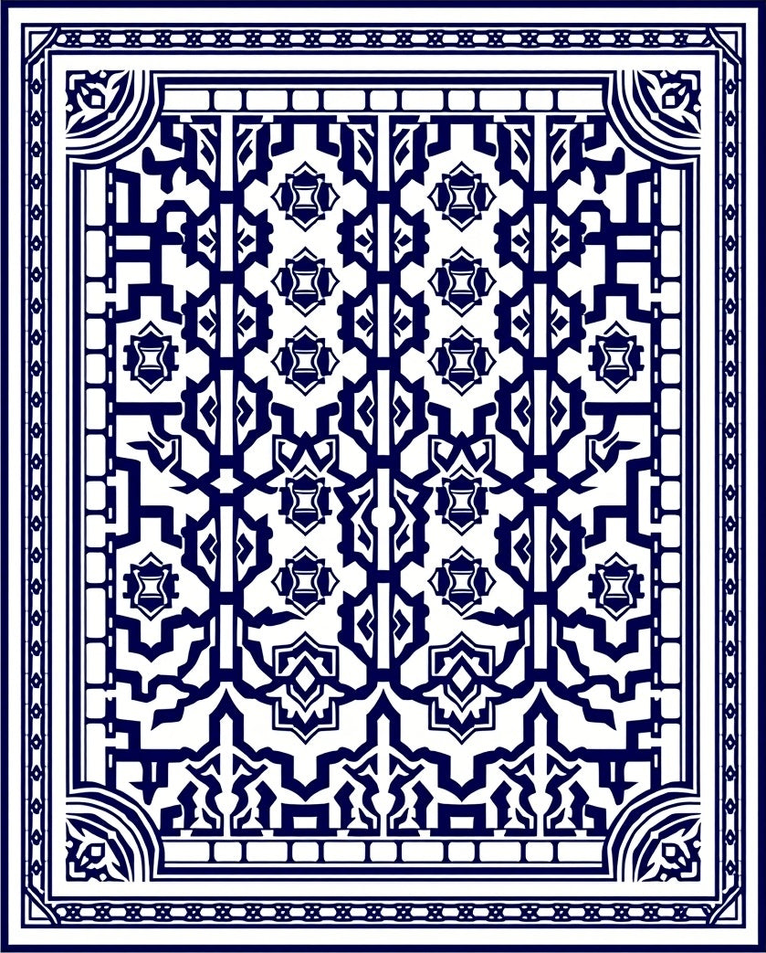 Intricate Navy White Geometric Pattern Rug
