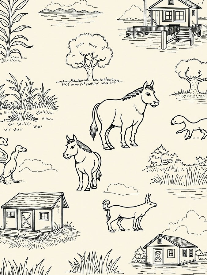 Farm Animal Sketch Pattern Rug
