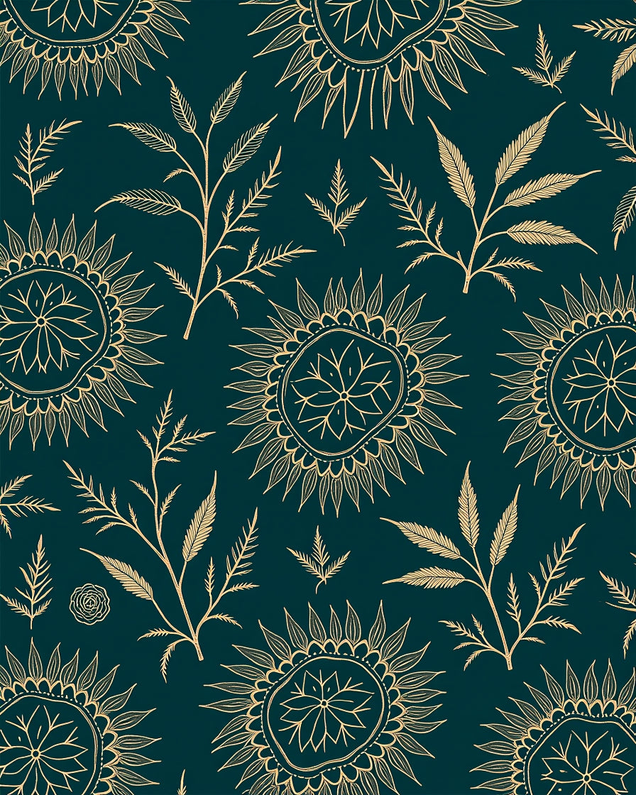 Golden Sunburst Floral Pattern Rug