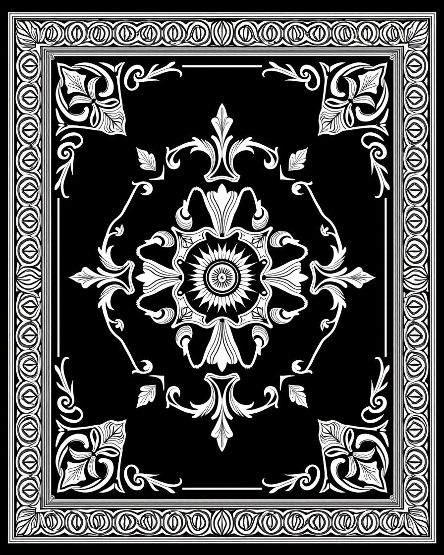 Ornate Black White Floral Medallion Rug