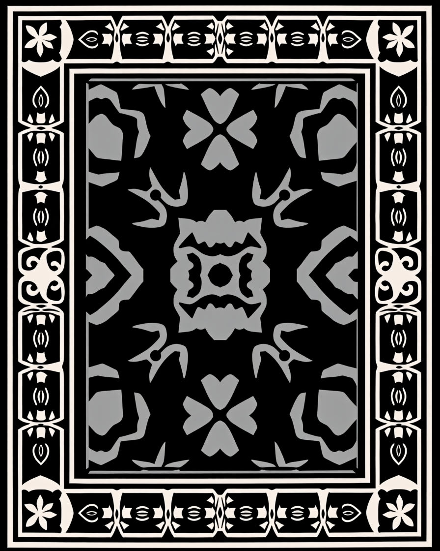 Striking Black Gray Ornamental Motif Rug