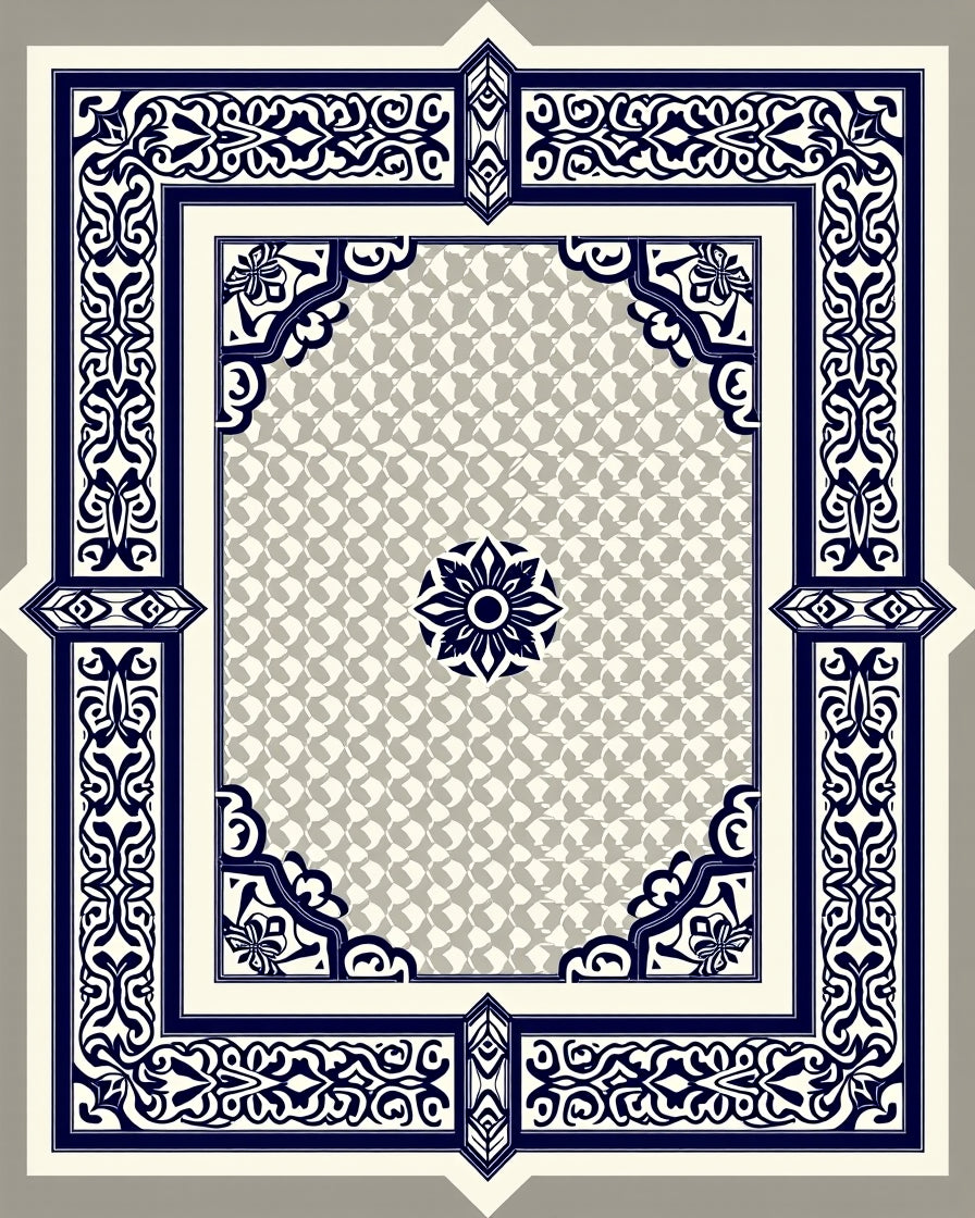 Ornamental Navy Blue Floral Geometric Design Rug