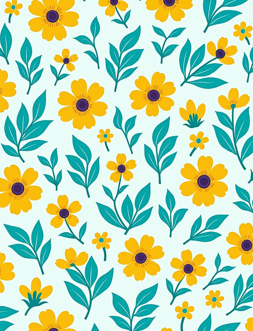 Yellow Floral Teal Leaf Pattern Rug