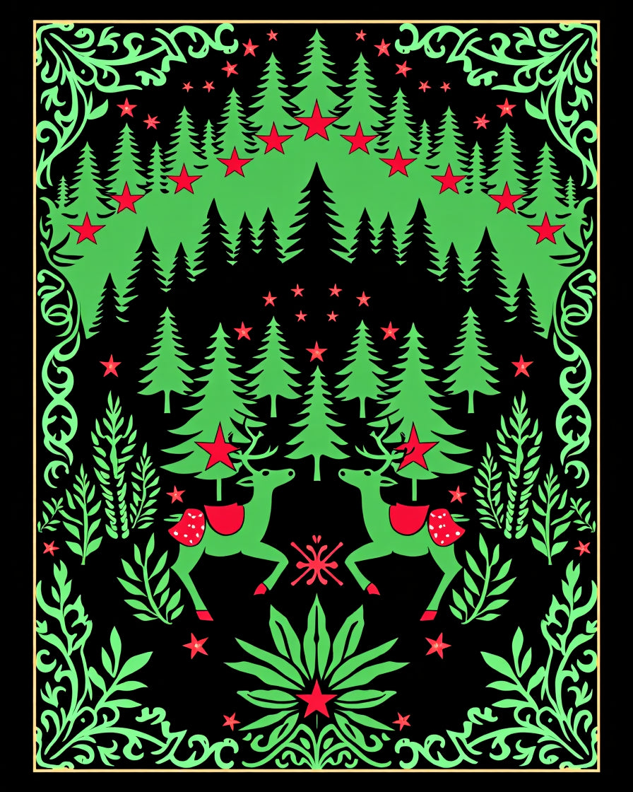 Festive Forest Scene with Reindeer Rug
