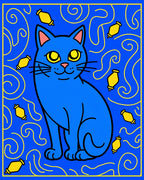 Whimsical Blue Cat Yellow Elements Rug