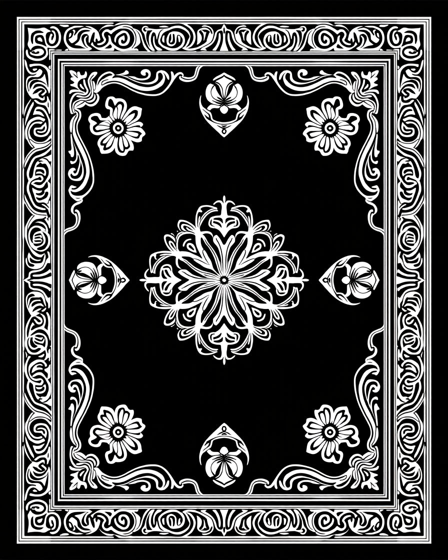 Black And White Floral Medallion Design Rug