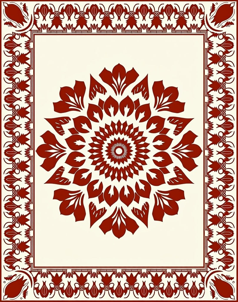 Crimson Mandala Floral Border Design Rug
