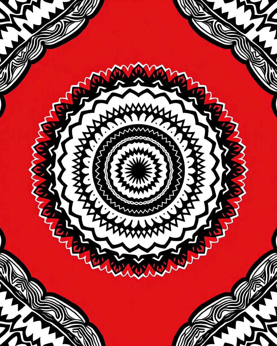 Bold Black White Red Mandala Pattern Rug