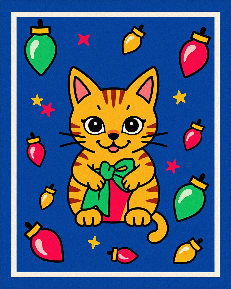 Whimsical Kitty With Present Pattern Rug