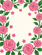 Pink Roses And Green Leaves Border Rug