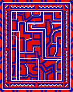 Bold Red Blue Geometric Maze Rug