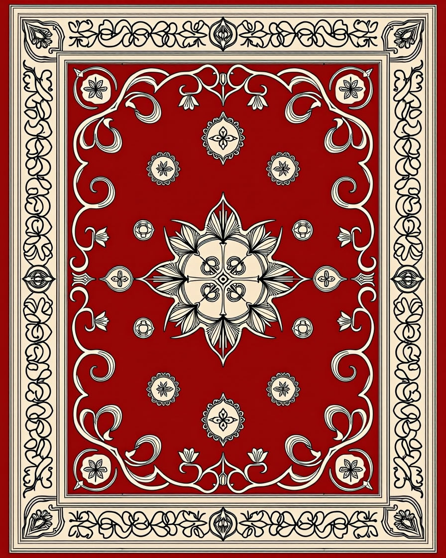 Red Floral Scrollwork Intricate Design Rug