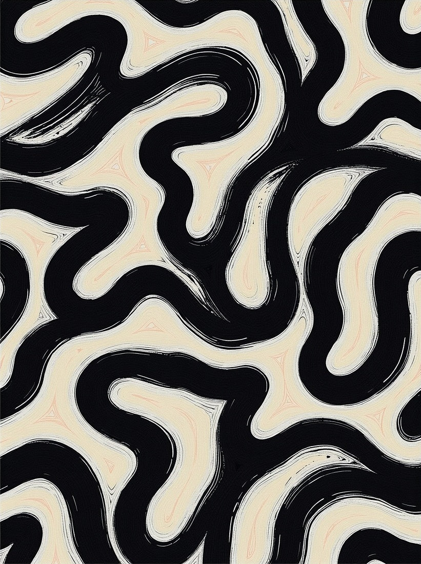Black Cream Wavy Abstract Brushstroke Rug