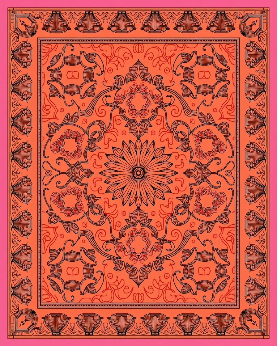 Vibrant Coral Black Floral Mandala Rug
