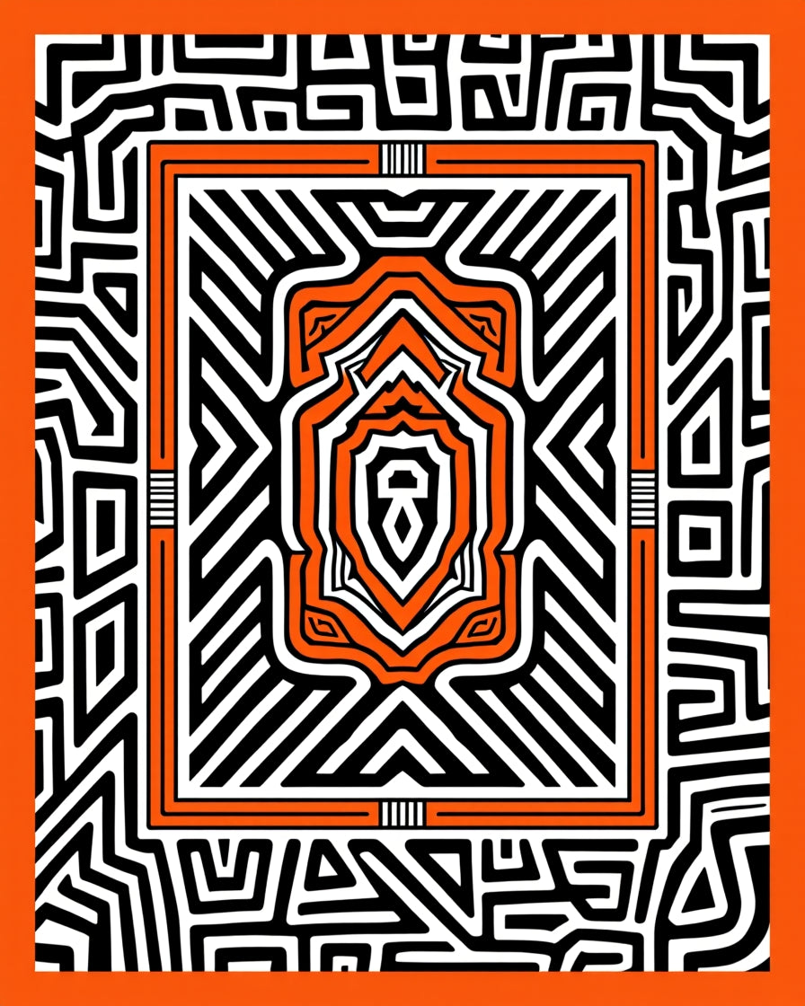 Tribal Orange Geometric Maze Rug