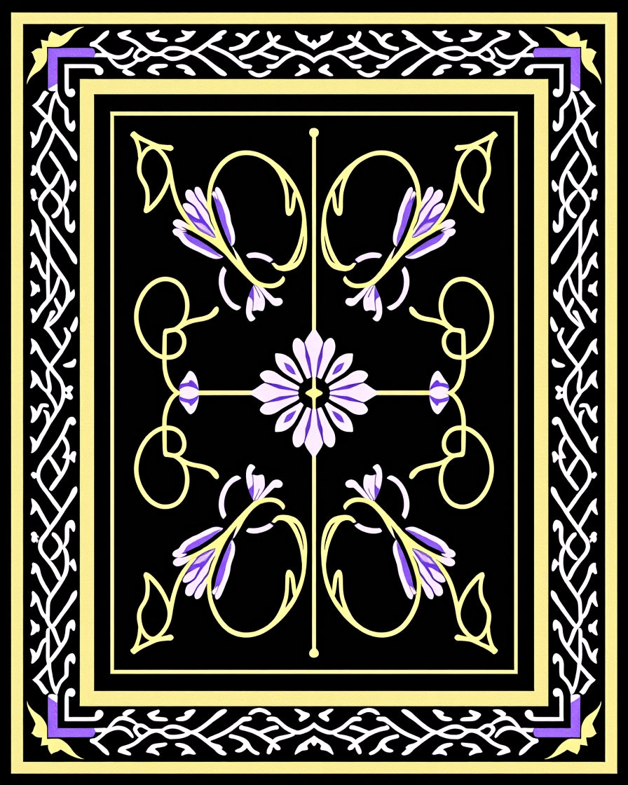 Ornate Floral Vine Black Rug Design Rug