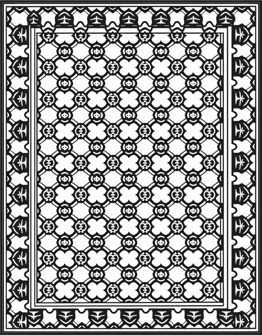 Intricate Black White Geometric Pattern Rug