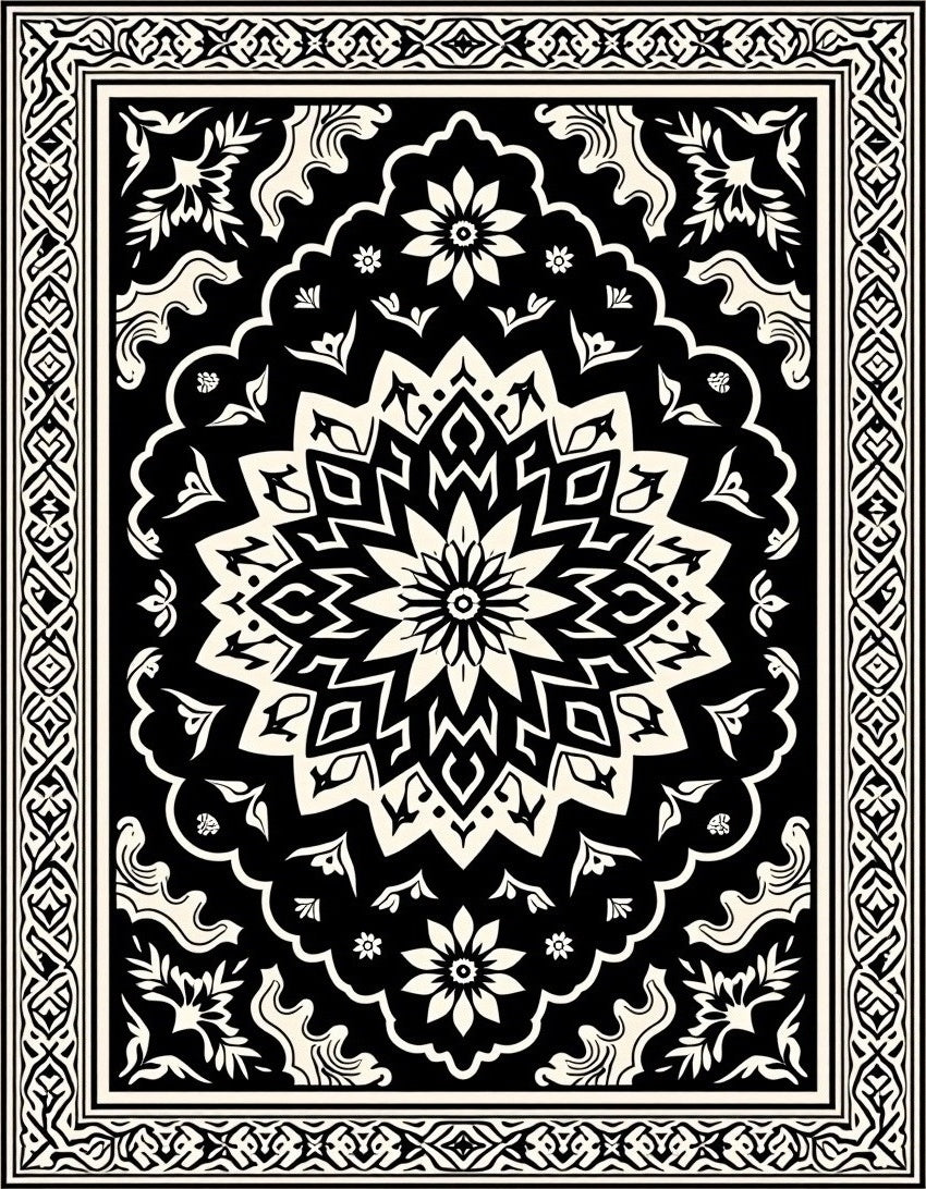 Black Cream Mandala Floral Pattern Rug