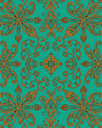 Turquoise Orange Floral Scroll Medallion Rug