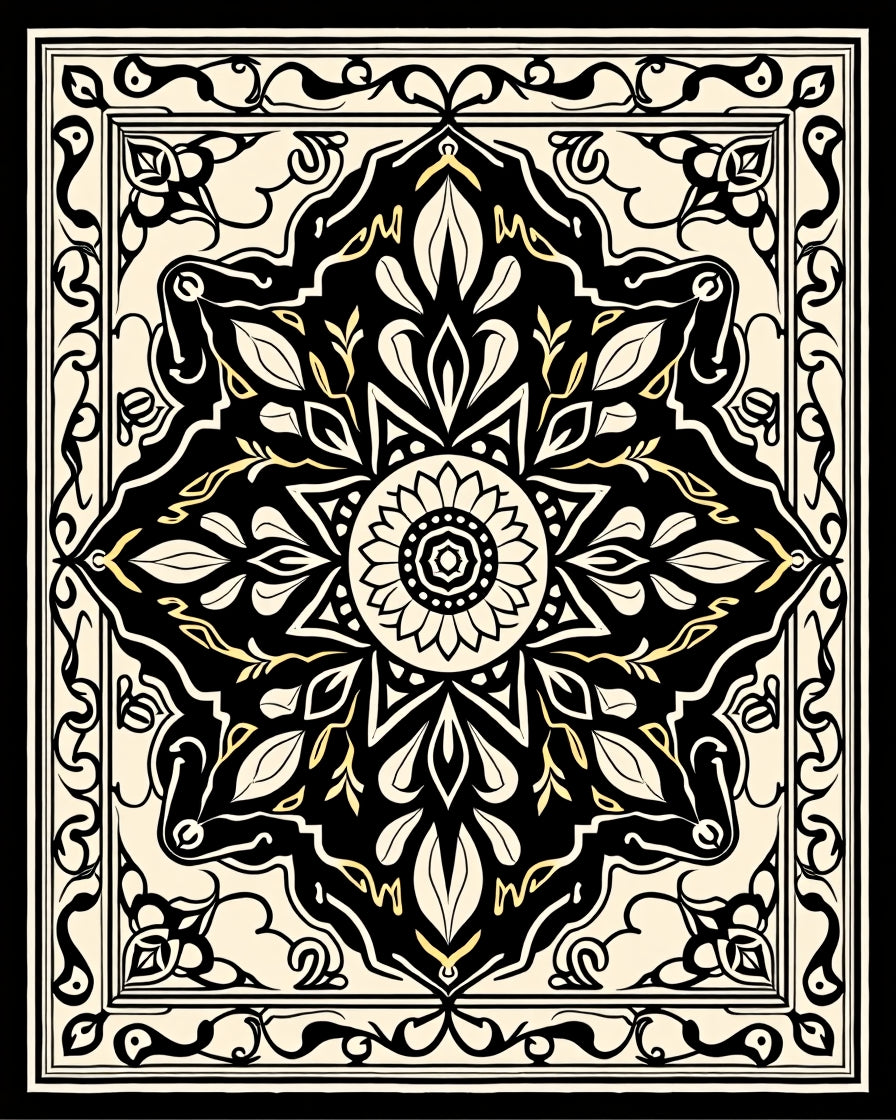 Ornate Black And Cream Floral Rug