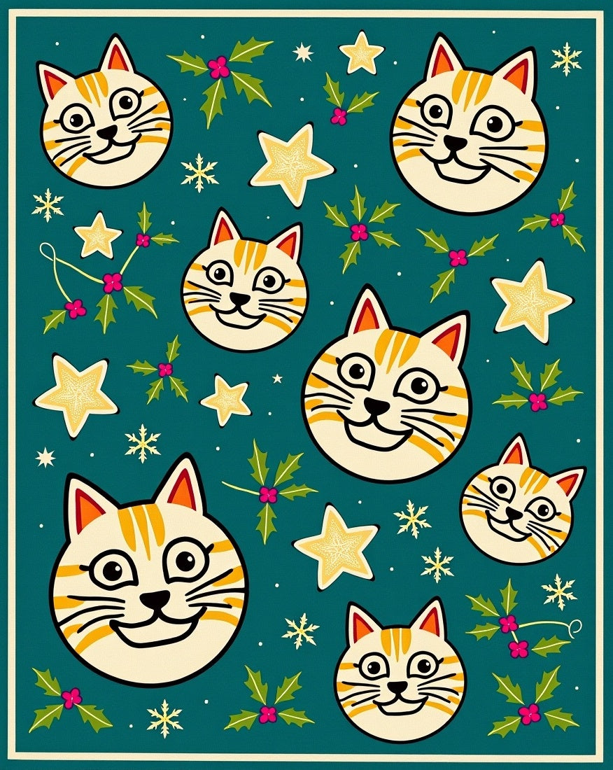 Playful Cats Stars Holly Pattern Rug
