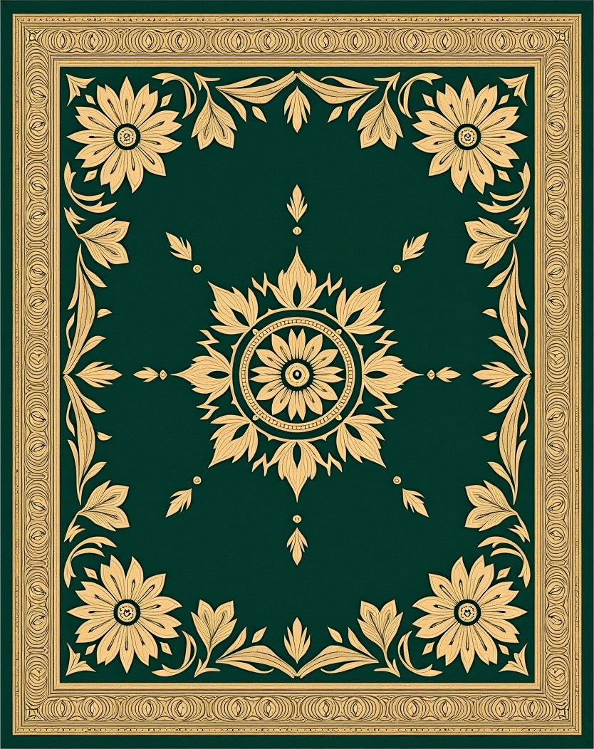 Emerald Golden Floral Centerpiece Border Rug