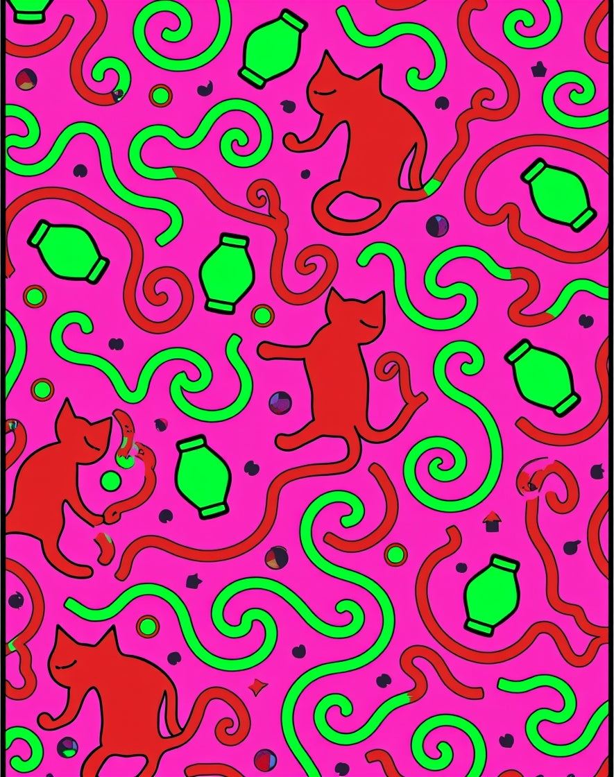 Playful Red Cats Green Swirls Pattern Rug