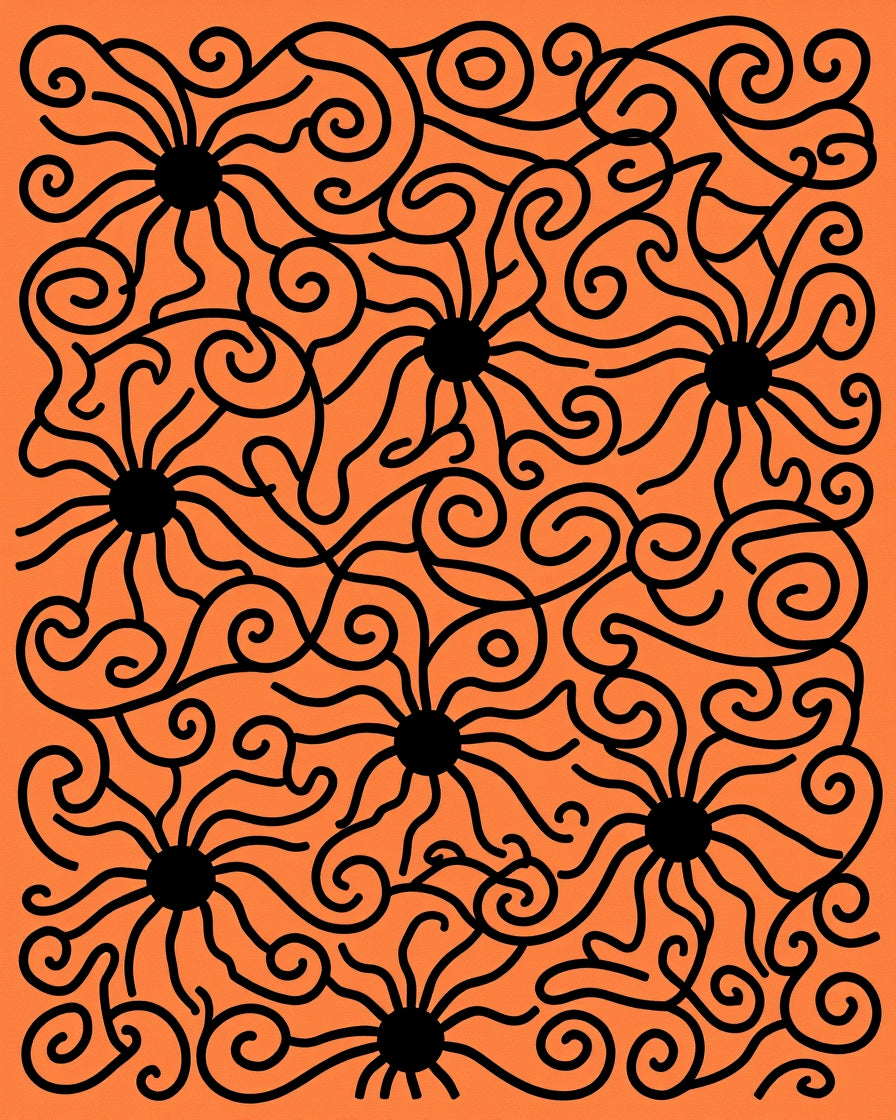 Orange Black Swirling Flower Pattern Rug