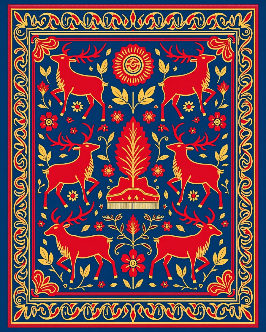 Enchanting Red Deer Folk Art Rug